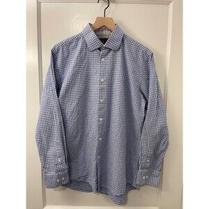 Tattersall London Long Sleeve Dress Shirt Blue White Check Men's 16.5 34/35